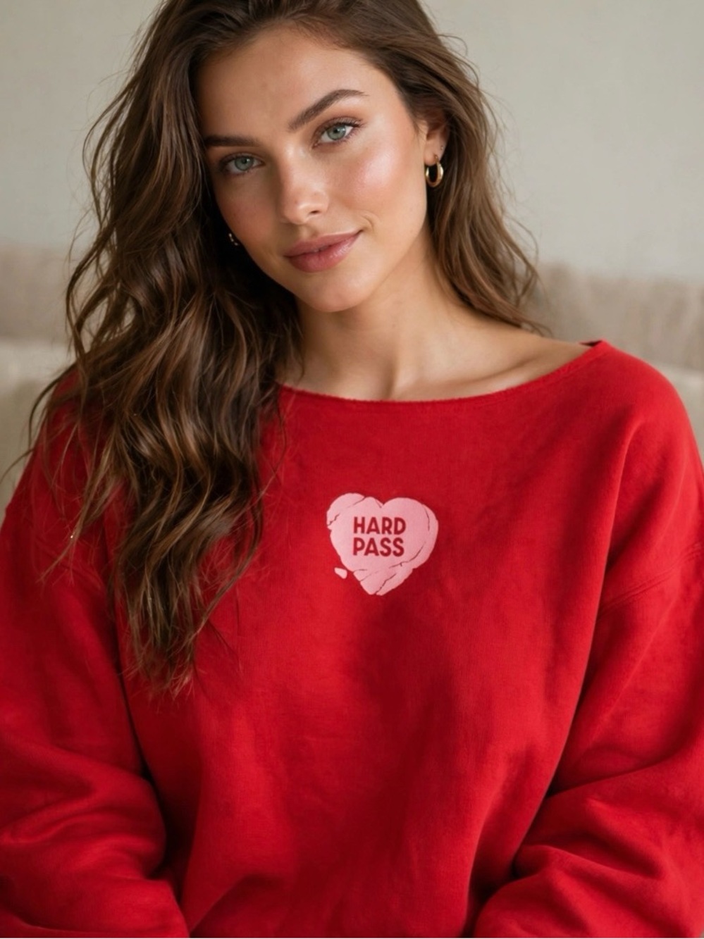 wild fable Red Off-The-Shoulder Sweatshirt with Pink Heart Graphic